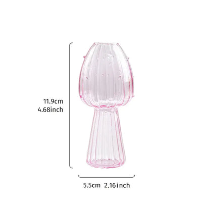 DecorBites™ glass mushroom hydroponic planter in translucent pink with vertical ridges and rounded edge embellishments