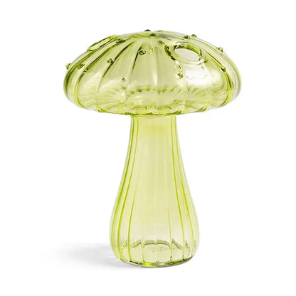 DecorBites™ translucent lime-green glass mushroom shaped vase with ribbed texture and small hole on cap for home decor