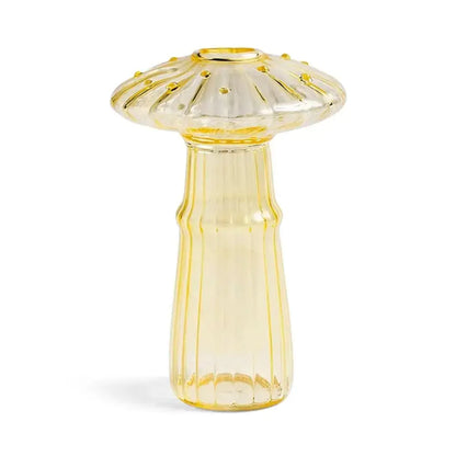 DecorBites™ translucent yellow glass mushroom shaped vase with fluted top and vertical ridges for home decor