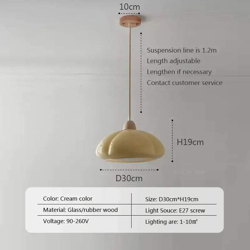Cream-colored decorbites™ glass pendant lamps with two overlapping dome-shaped shades in glass and rubber wood design