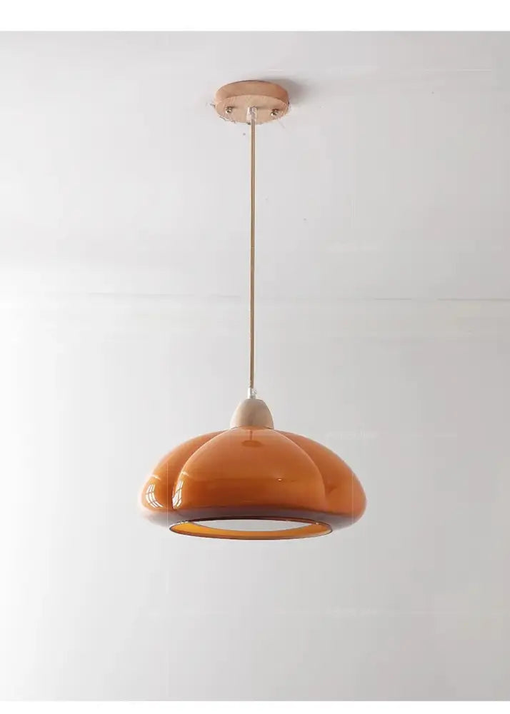 Decorbites™ glass pendant lamps featuring warm amber glass pendant light with wooden ceiling mount and metal chain