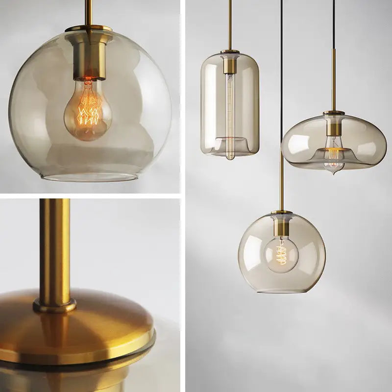 Modern brass-finished glass pendant lights with clear and smoked glass shades and exposed filament bulbs by decorbites