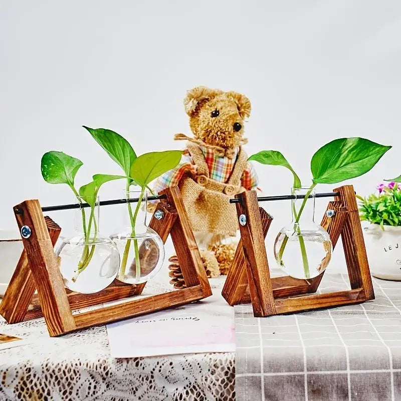 Wooden a-frame decorbites glass planter propagation station with clear spheres holding green leafy plants