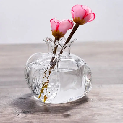 DecorBites glass pomegranate flower vase home decor with clear textured glass and two pink artificial flowers