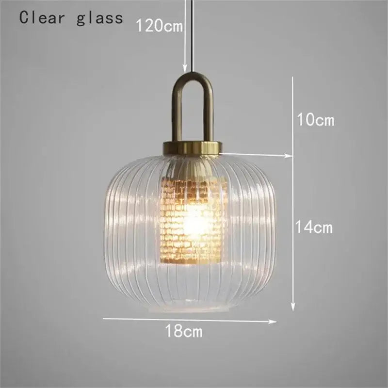 Decorbites glass stripe brass pendant light with clear ridged glass and illuminated golden interior for dining room