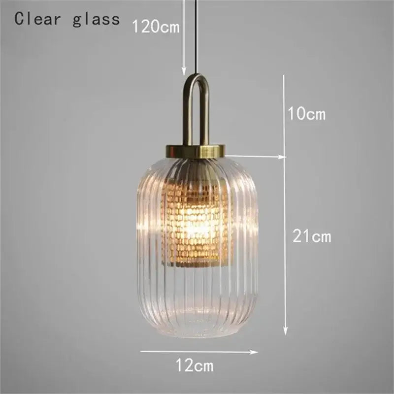 Decorbites glass stripe brass pendant light with clear ridged glass body and metal chain for dining room lighting