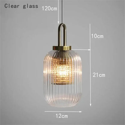 Decorbites glass stripe brass pendant light with clear ridged glass body and metal chain for dining room lighting