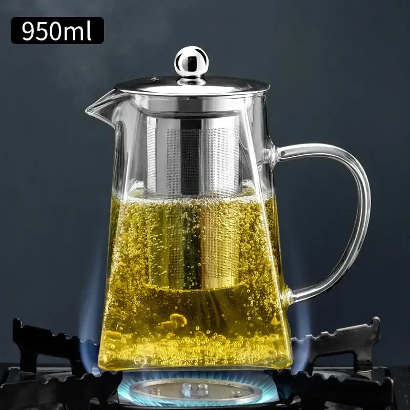 Clear 950ml decorbites glass tea pot with stainless steel lid and built-in filter heating on stove for kung fu tea set