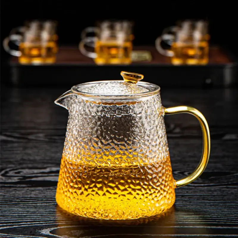 DecorBites™ glass tea pot set with clear textured glass and gold metal handle for kung fu tea and coffee brewing