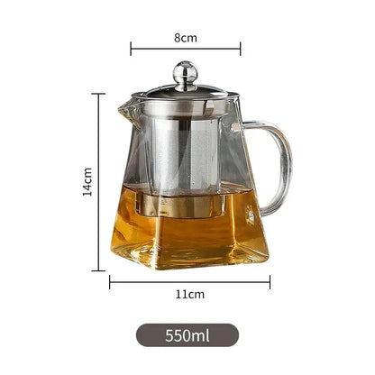 Clear glass DecorBites glass tea pot with stainless steel lid handle and built-in infuser 550ml capacity