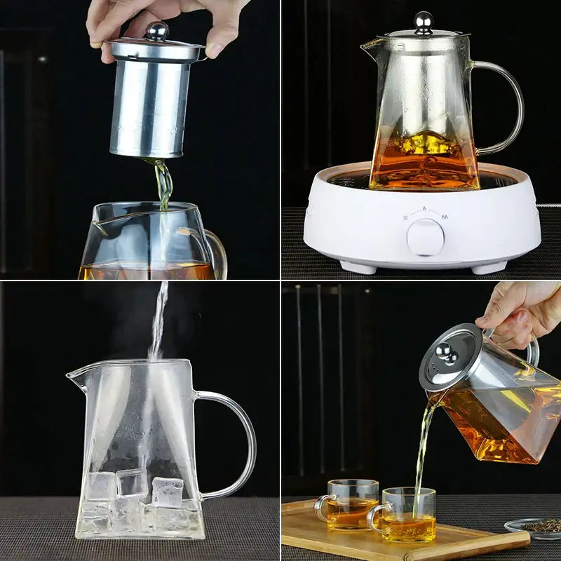 Clear glass tea pot with stainless steel infuser and lid featuring handle and spout for pouring by decorbites glass tea