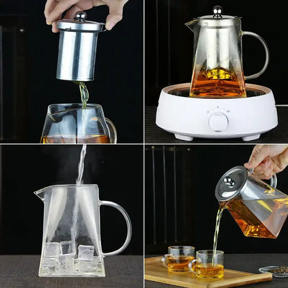 Clear glass tea pot with stainless steel infuser and lid featuring handle and spout for pouring by decorbites glass tea