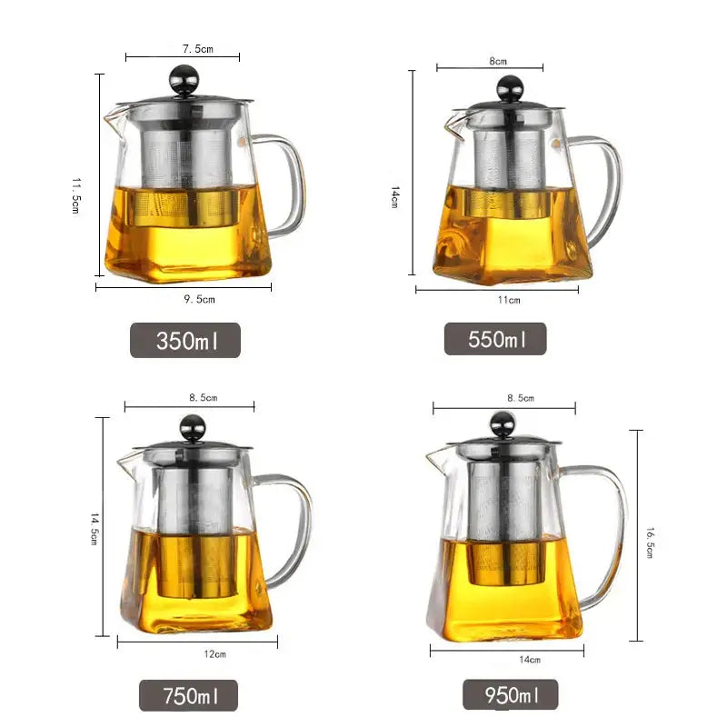 Decorbites glass tea pot with clear glass body stainless steel lid and built-in infuser available in multiple sizes