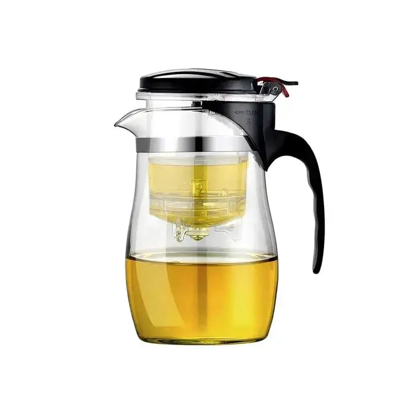 Decorbites glass tea infuser pitcher with black lid handle stainless steel rim and mesh strainer for loose-leaf tea steeping