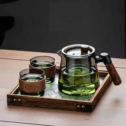Decorbites™ glass tea set with clear glass teapot wooden handle and lid knob with two glasses on retro glass tray
