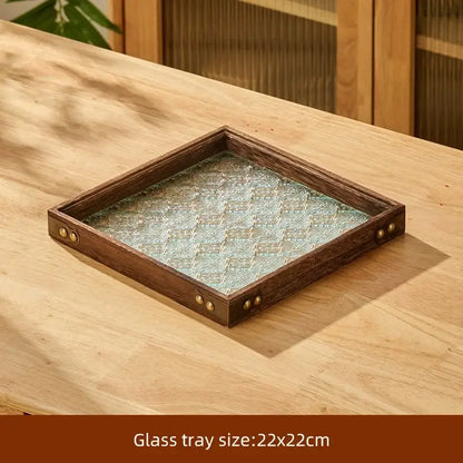 Square wooden-framed retro glass tray with light greenish-blue pattern and brass rivets for decorbites tea set with wooden handle