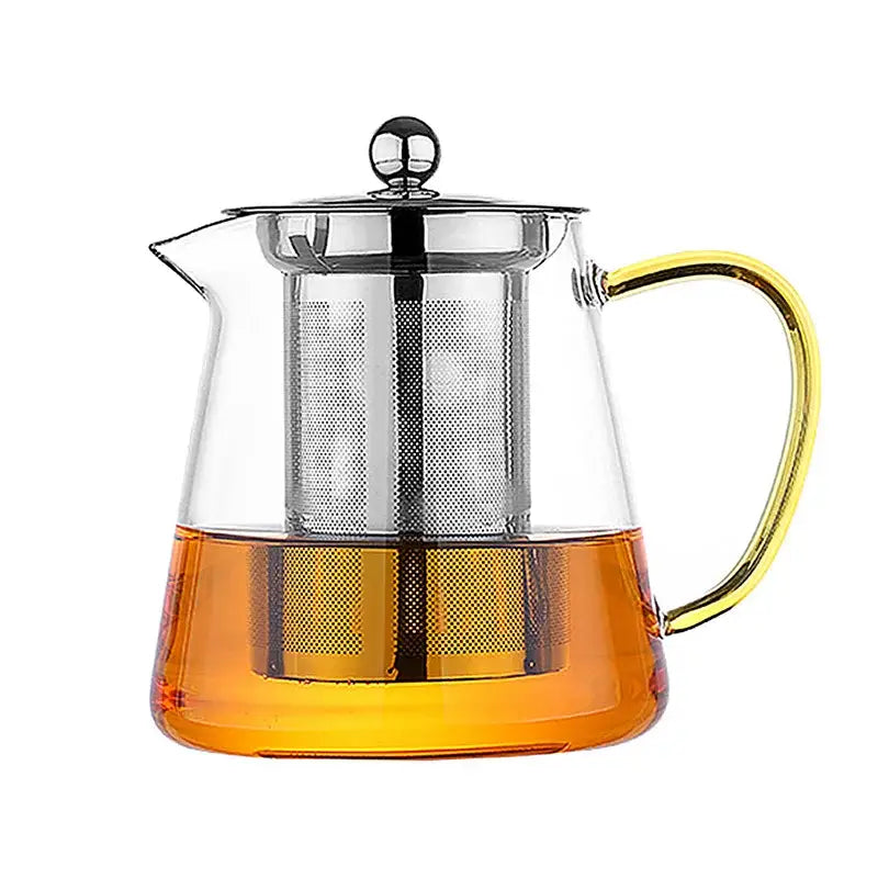 DecorBites glass teapot 550ml with gold-toned handle and stainless steel infuser filled with amber tea