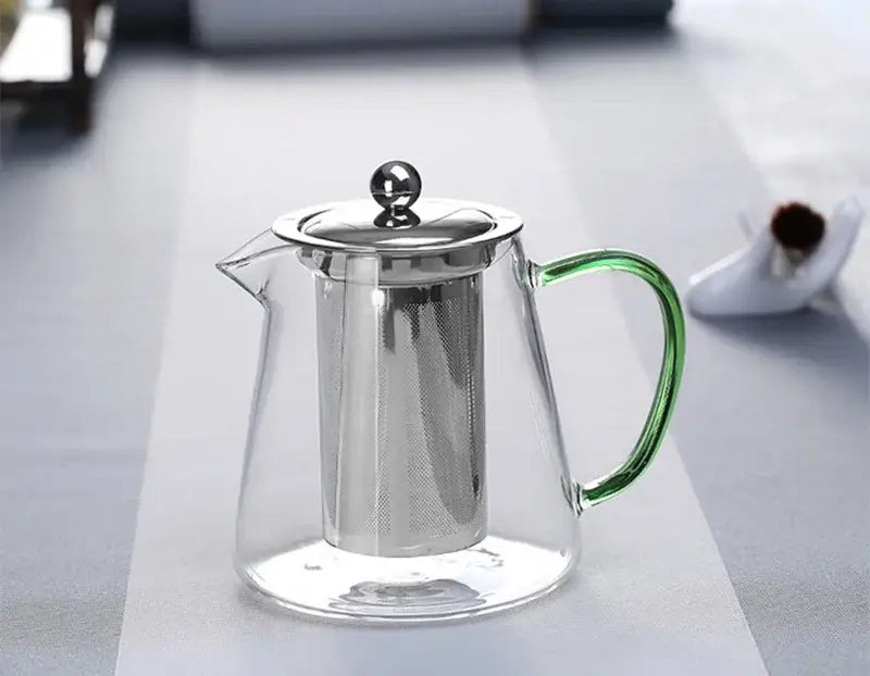 Decorbites glass teapot 550ml with green handle stainless steel lid and built-in strainer filter for direct fire heating