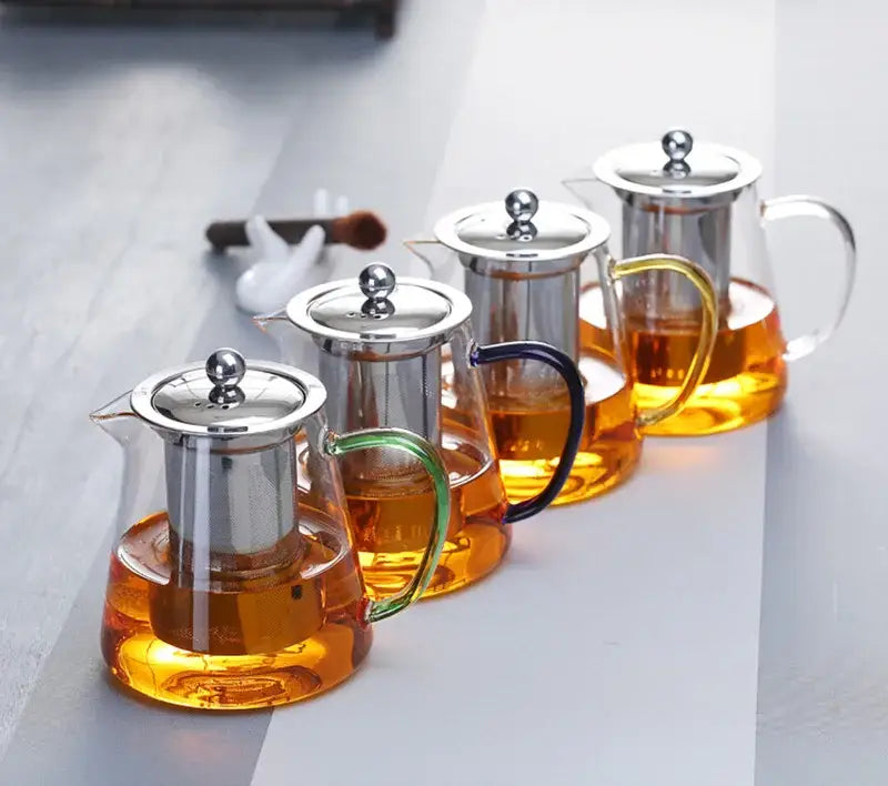 Decorbites glass teapot 550ml with clear glass infusers and stainless steel lids in green blue and yellow colors