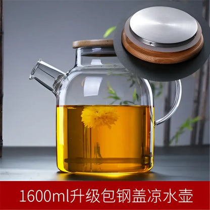 Decorbites glass teapot large capacity transparent glass teapot cold jug with wooden lid and stainless steel seal