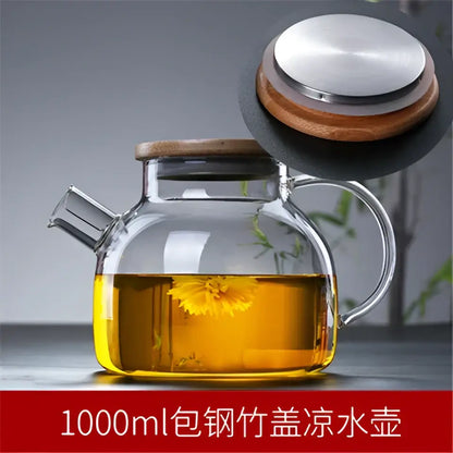 Decorbites glass teapot cold large capacity transparent glass teapot cold water jug with wooden lid and floating flower