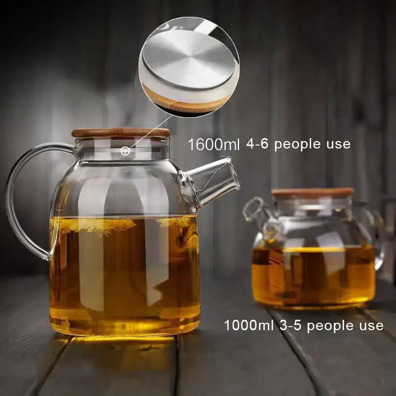 Clear decorbites glass teapot with wooden lid stainless steel rim 1600ml capacity for cold water and juice use