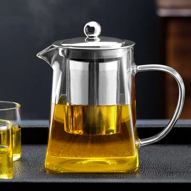 Decorbites glass teapot kungfu tea set with stainless steel lid and built-in filter holding golden yellow tea