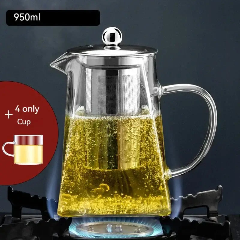 950ml decorbites glass teapot with stainless steel lid and built-in infuser holding boiling golden tea for office kungfu tea set