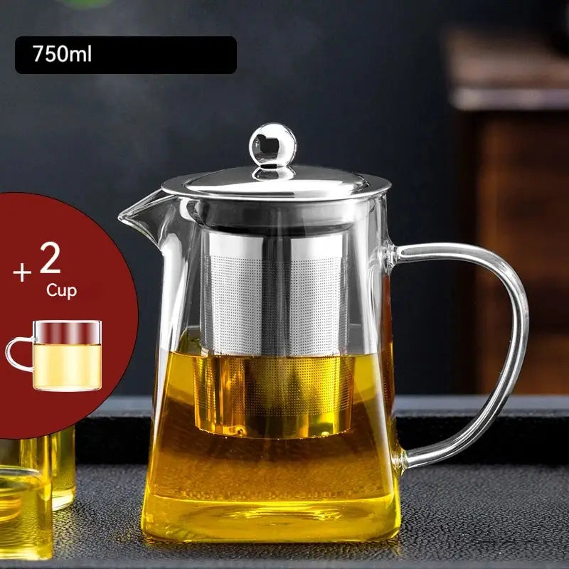 Clear 750ml decorbites glass teapot with stainless steel lid and built-in filter holding golden tea for kungfu tea set