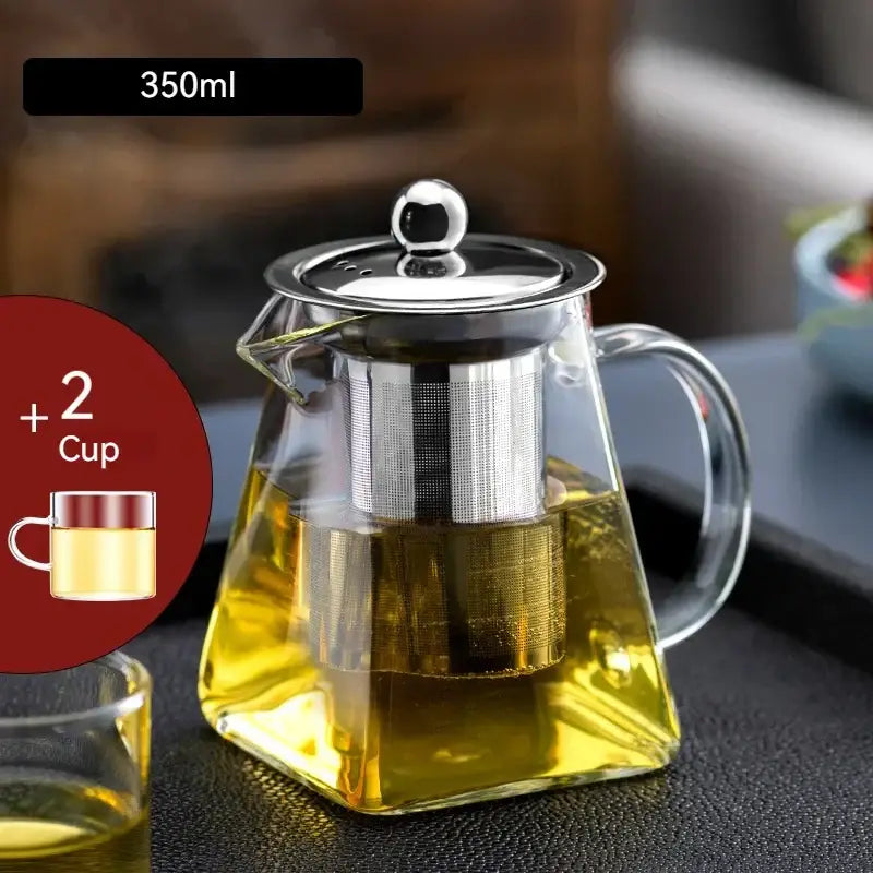 DecorBites glass teapot with stainless steel lid and built-in filter filled with golden tea kungfu tea set for office use