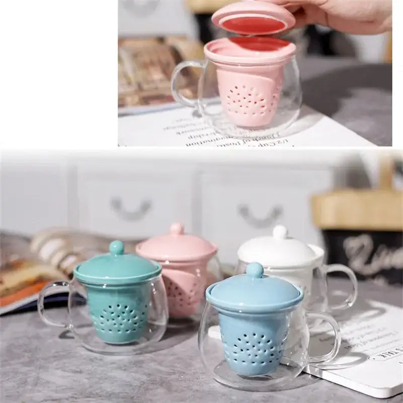 Pink silicone tea infuser with perforated design inside clear glass mug from decorbites glass teapot set with ceramic filter