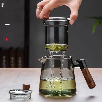 Clear glass decorbites glass teapot set with wooden handle and black infuser for steeping green tea leaves