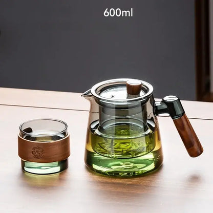 600ml decorbites glass teapot set with wooden handle and lid knob featuring clear body revealing green tea leaves