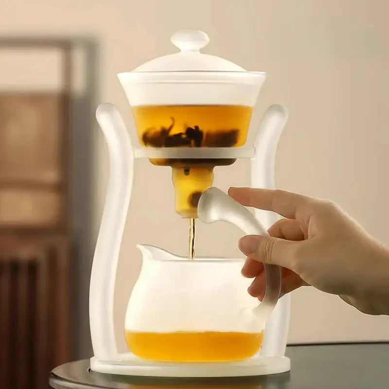 DecorBites™ glass teapot with white lid glass material featuring elegant curved stand and magnetic drip pot design