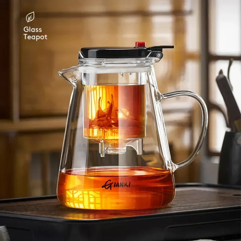Clear glass decorbites glass teapot with black lid handle and internal infuser for efficient tea brewing and separation technology