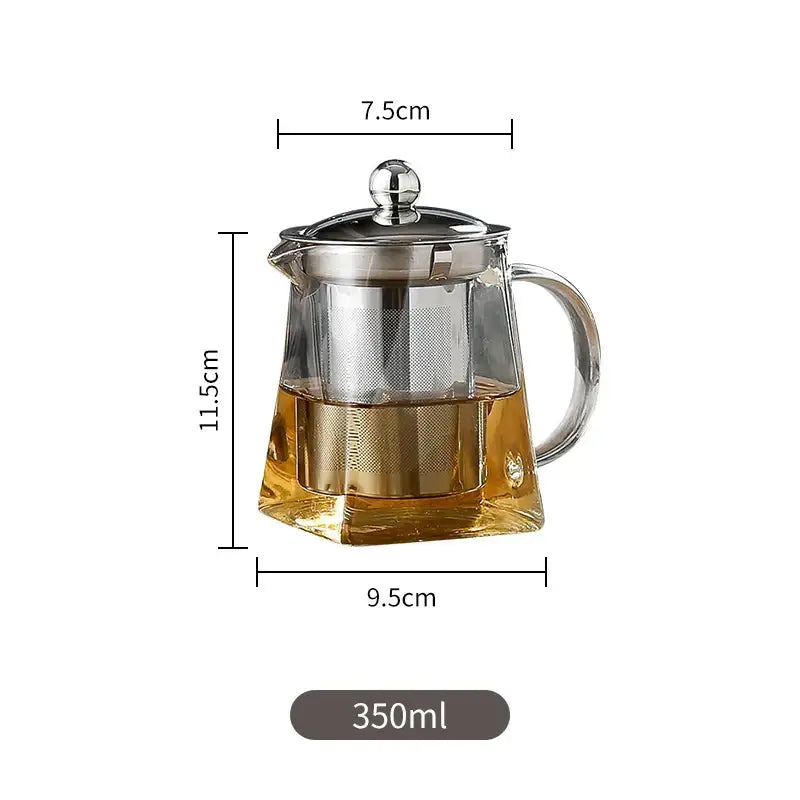 Decorbites glass teapot with clear glass body and stainless steel infuser lid handle and mesh strainer for brewing tea