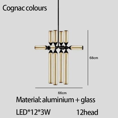 Cognac-colored DecorBites glass tube chandelier pendant lamp with 12 LED lights in sleek aluminum and glass design