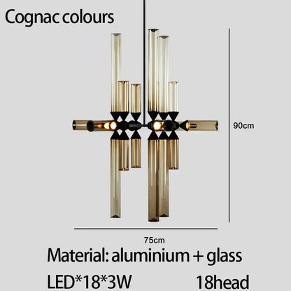 A decorbites glass tube chandelier pendant lamp with 18 leds amber glass tubes and black aluminum frame for modern spaces
