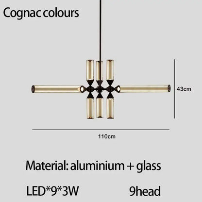 DecorBites glass tube chandelier modern pendant lamp with nine golden glass led lights aluminum and glass materials