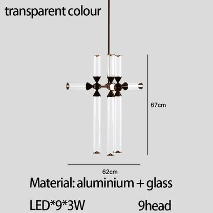 Modern glass tube chandelier by decorbites featuring nine led lights with transparent tubes and dark metal accents pendant lamp