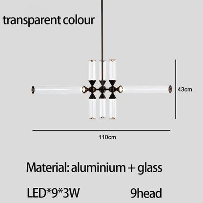 Modern minimalist decorbites glass tube chandelier with nine led lights black metal pendant lamp for living room and bedroom