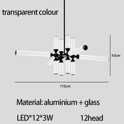 Modern pendant lamp decorbites glass tube chandelier with black aluminum arms and 12 led lights for living spaces