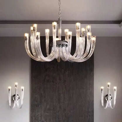Decorbites glass tube dining chandelier with clear glass curved arms and polished chrome frame for modern dining rooms