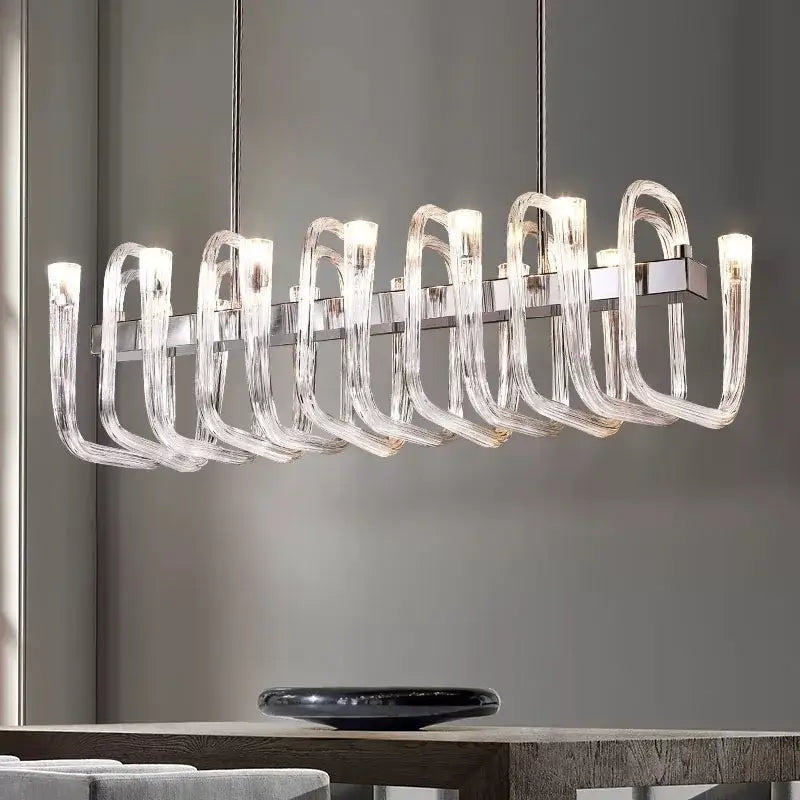 DecorBites glass tube dining chandelier with curved transparent acrylic arms and polished chrome fixtures