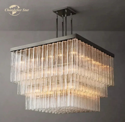 Decorbites glass tube led square chandelier pendant with clear glass tubes and dark metal frame for modern lighting