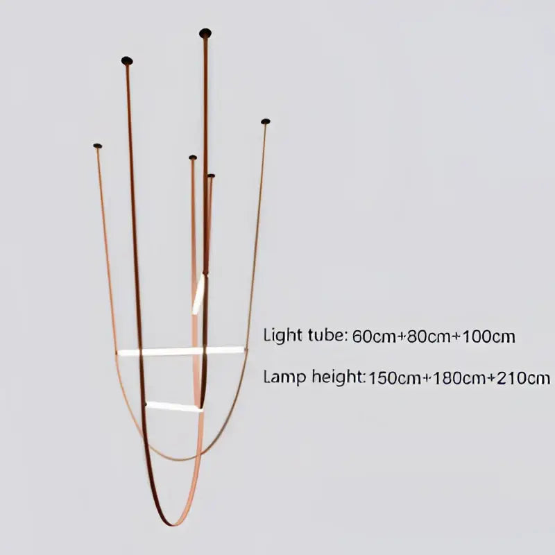 Modern copper-toned decorbites glass tube pendant light with slender curved arms and white horizontal bar accent