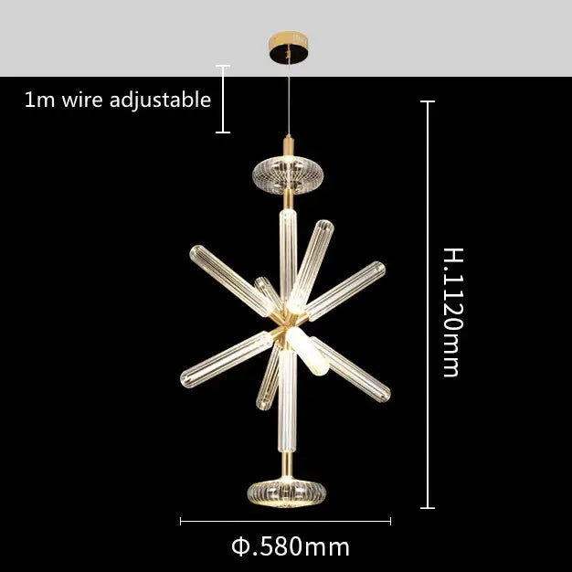 Modern starburst pendant lamp with clear glass tubes and gold-toned metal accents by DecorBites glass tubes
