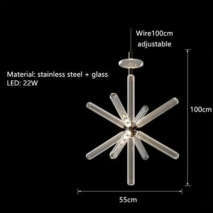 DecorBites glass tubes pendant lamp with transparent glass arms and stainless steel structure for modern luxury lighting