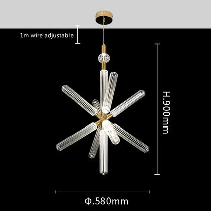 Gold-toned decorbites glass tubes led chandelier with clear ribbed glass arms for modern luxury living spaces