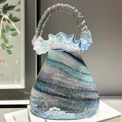 Translucent blue and gray glass vase basket handbag with twisted handle and ruffled top edge by decorbites glass vase